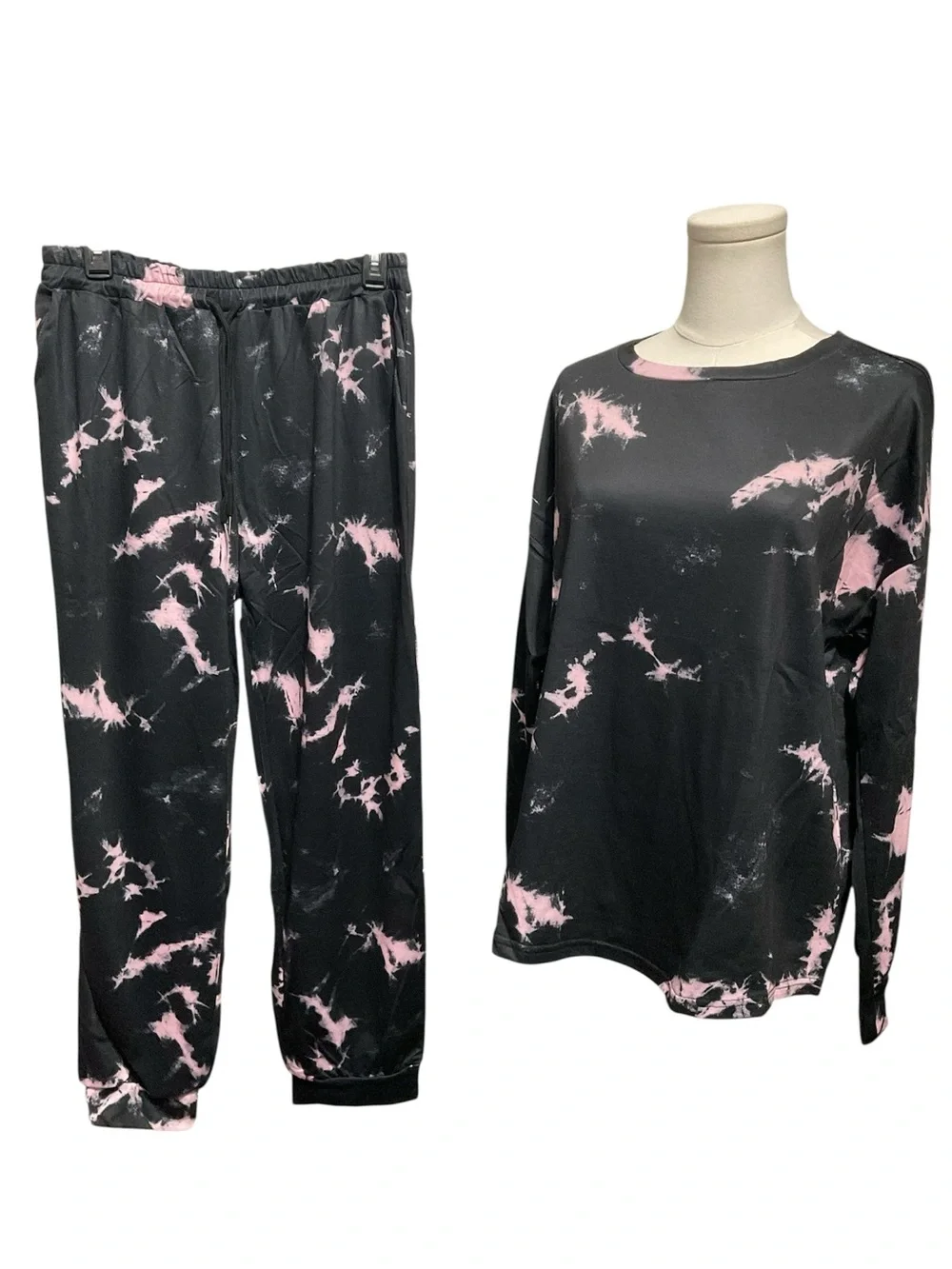 NWT Black & Pink Tie Dye Lounge Set Size L | Soft Long Sleeve Top + Jogger Pants - Picture 2 of 6